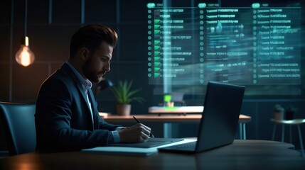 Aufkleber - The concept of the policy of compliance with the rules and legal regulation of a businessman working on a laptop computer.Futuristic innovative technologies. Generative AI