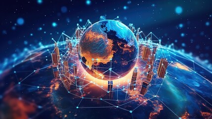 Poster - The global world Wide Web and telecommunications on earth, cryptocurrency, blockchain and the Internet of Things.Futuristic innovative technologies. Generative AI