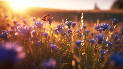 Butterfly in a flowering meadow created with generative AI technology