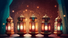Islamic Greeting Eid Mubarak Cards For Muslim Holidays.Eid-Ul-Adha Festival Celebration.Arabic Ramadan Lantern .Decoration Lamp,Generative Ai