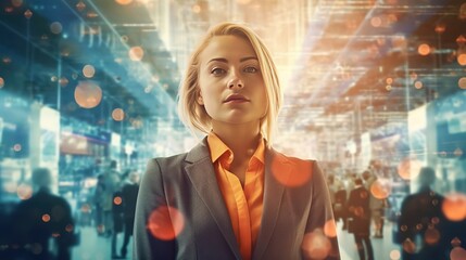 Poster - A businesswoman's double acquaintance with the world of the futuristic concept of Internet communications. Futuristic innovative technologies. Generative AI