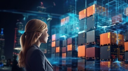 Poster - A businesswoman's double acquaintance with the world of the futuristic concept of Internet communications. Futuristic innovative technologies. Generative AI
