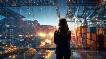 Poster - A businesswoman's double acquaintance with the world of the futuristic concept of Internet communications. Futuristic innovative technologies. Generative AI
