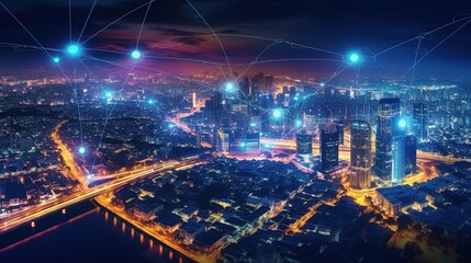 Poster - The concept of a wireless network and connectivity technology with an abstract city background. Futuristic innovative technologies. Generative AI