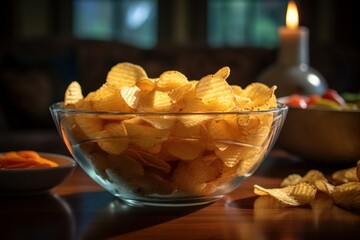 Clear bowl full of curly potato chips. Generative AI 2