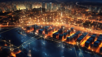 Poster - The concept of a wireless network and connectivity technology with an abstract city background. Futuristic innovative technologies. Generative AI