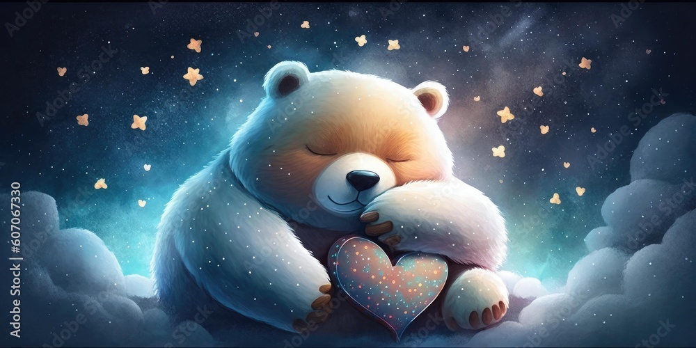 A cute and adorable bear is sleeping under night sky between stars ...
