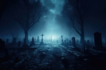 graveyard in spooky death forest at halloween night.