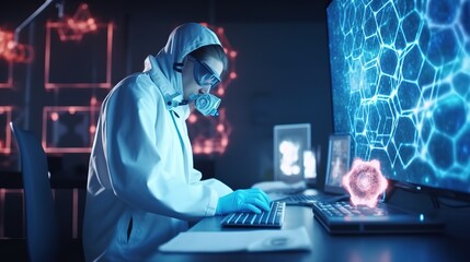 Poster - The Doctor of Medical Sciences works in a laboratory with a biological apparatus for analysis and sampling.Futuristic innovative technologies. Generative AI