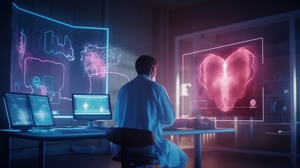 Aufkleber - The Doctor of Medical Sciences works in a laboratory with a biological apparatus for analysis and sampling.Futuristic innovative technologies. Generative AI