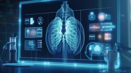Aufkleber - The Doctor of Medical Sciences works in a laboratory with a biological apparatus for analysis and sampling.Futuristic innovative technologies. Generative AI
