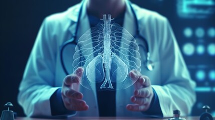 Aufkleber - The Doctor of Medical Sciences works in a laboratory with a biological apparatus for analysis and sampling.Futuristic innovative technologies. Generative AI