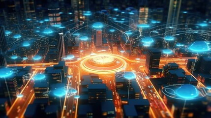 Poster - The concept of a wireless network and connectivity technology with an abstract city background. Futuristic innovative technologies. Generative AI