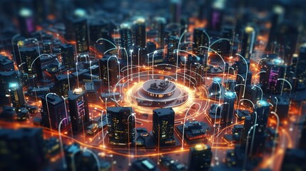 Aufkleber - The concept of a wireless network and connectivity technology with an abstract city background. Futuristic innovative technologies. Generative AI