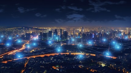 Aufkleber - The concept of a wireless network and connectivity technology with an abstract city background. Futuristic innovative technologies. Generative AI