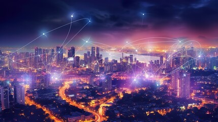 Aufkleber - The concept of a wireless network and connectivity technology with an abstract city background. Futuristic innovative technologies. Generative AI