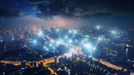 Aufkleber - The concept of a wireless network and connectivity technology with an abstract city background. Futuristic innovative technologies. Generative AI