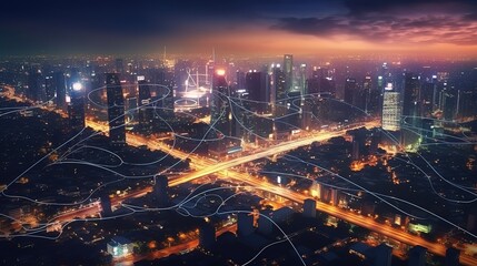 Aufkleber - The concept of a wireless network and connectivity technology with an abstract city background. Futuristic innovative technologies. Generative AI