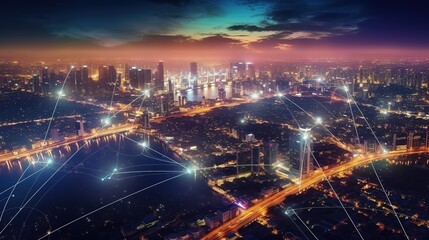Aufkleber - The concept of a wireless network and connectivity technology with an abstract city background. Futuristic innovative technologies. Generative AI