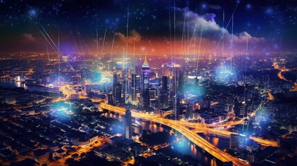 Aufkleber - The concept of a wireless network and connectivity technology with an abstract city background. Futuristic innovative technologies. Generative AI
