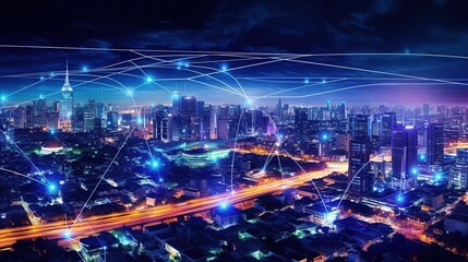 Aufkleber - The concept of a wireless network and connectivity technology with an abstract city background. Futuristic innovative technologies. Generative AI