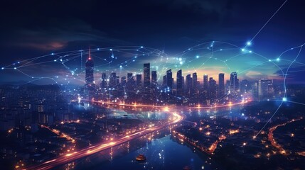 Aufkleber - The concept of a wireless network and connectivity technology with an abstract city background. Futuristic innovative technologies. Generative AI