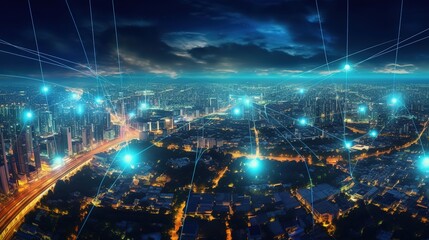 Aufkleber - The concept of a wireless network and connectivity technology with an abstract city background. Futuristic innovative technologies. Generative AI