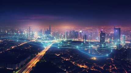 Aufkleber - The concept of a wireless network and connectivity technology with an abstract city background. Futuristic innovative technologies. Generative AI