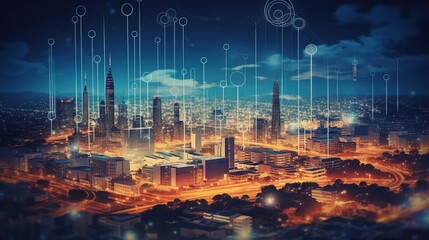 Aufkleber - The concept of a wireless network and connectivity technology with an abstract city background. Futuristic innovative technologies. Generative AI