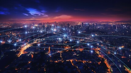 Aufkleber - The concept of a wireless network and connectivity technology with an abstract city background. Futuristic innovative technologies. Generative AI