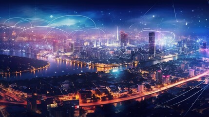 Aufkleber - The concept of a wireless network and connectivity technology with an abstract city background. Futuristic innovative technologies. Generative AI