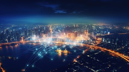 Aufkleber - The concept of a wireless network and connectivity technology with an abstract city background. Futuristic innovative technologies. Generative AI