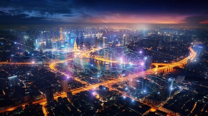 Aufkleber - The concept of a wireless network and connectivity technology with an abstract city background. Futuristic innovative technologies. Generative AI