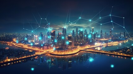 Aufkleber - The concept of a wireless network and connectivity technology with an abstract city background. Futuristic innovative technologies. Generative AI