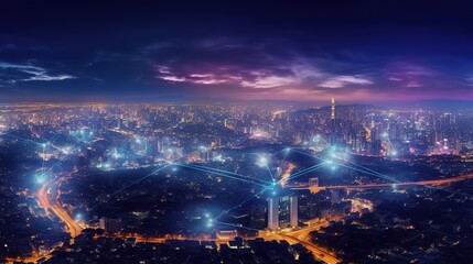 Aufkleber - The concept of a wireless network and connectivity technology with an abstract city background. Futuristic innovative technologies. Generative AI