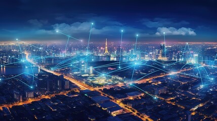 Aufkleber - The concept of a wireless network and connectivity technology with an abstract city background. Futuristic innovative technologies. Generative AI