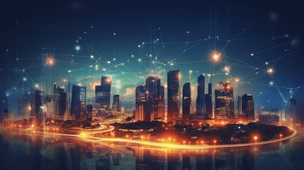 Aufkleber - The concept of a wireless network and connectivity technology with an abstract city background. Futuristic innovative technologies. Generative AI