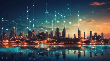 Aufkleber - The concept of a wireless network and connectivity technology with an abstract city background. Futuristic innovative technologies. Generative AI