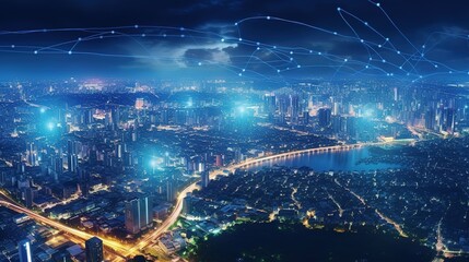 Aufkleber - The concept of a wireless network and connectivity technology with an abstract city background. Futuristic innovative technologies. Generative AI