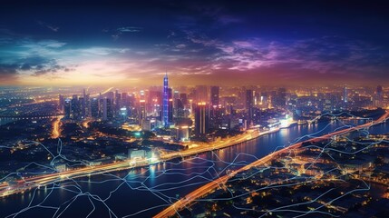 Aufkleber - The concept of a wireless network and connectivity technology with an abstract city background. Futuristic innovative technologies. Generative AI