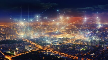 Aufkleber - The concept of a wireless network and connectivity technology with an abstract city background. Futuristic innovative technologies. Generative AI