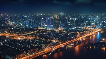 Aufkleber - The concept of a wireless network and connectivity technology with an abstract city background. Futuristic innovative technologies. Generative AI