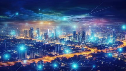 Aufkleber - The concept of a wireless network and connectivity technology with an abstract city background. Futuristic innovative technologies. Generative AI