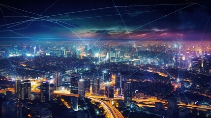 Aufkleber - The concept of a wireless network and connectivity technology with an abstract city background. Futuristic innovative technologies. Generative AI
