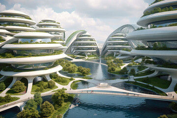 Poster - Terraced Urban Futuristic Style Architecture City Landscape extreme closeup. Generative AI