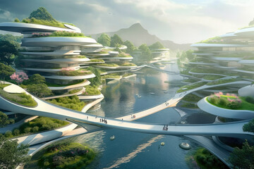 Poster - Terraced Urban Futuristic Style Architecture City Landscape extreme closeup. Generative AI