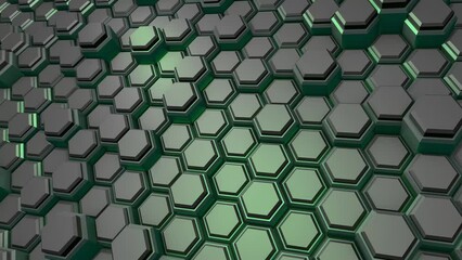 Poster - Abstract dynamic futuristic background of gray-green hexagons. Screensaver for decoration or intro. 3d rendering animation.