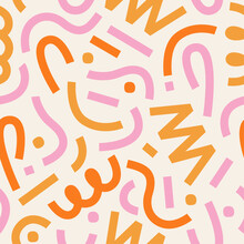 Geometric Grunge Pattern. Abstract Art Background In Memphis Style. Wavy And Swirled Brush Strokes. Thick And Bold Texture Curved Lines.	Rose, Yellow, And Orange Colors.