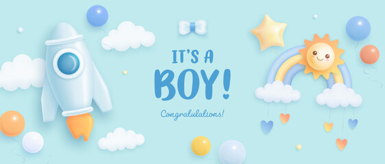 Wall Mural - Baby shower horizontal banner, invitation or greeting card with cartoon rocket, rainbow, sun and helium balloons. It's a boy. Vector illustration