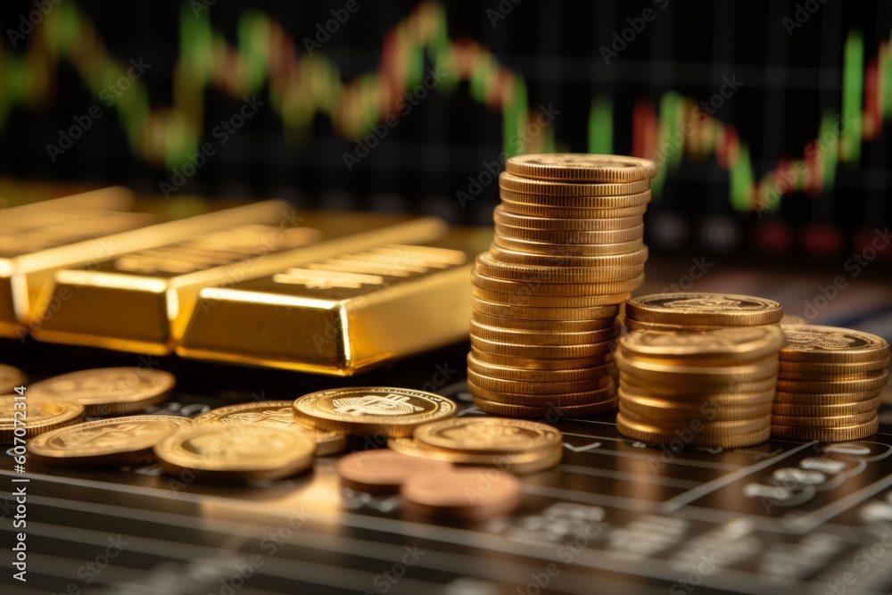 Stacked gold coins and bars placed on a financial chart background ...